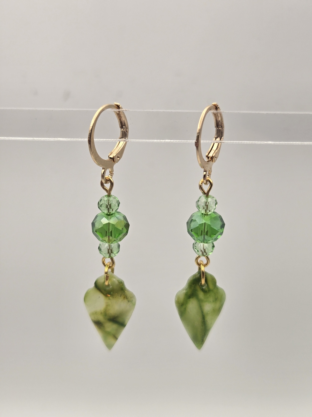 #B506- Gold Hoop Earrings with Green Crystal Beads and Green Clay Drops